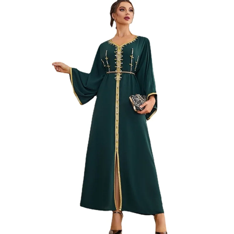 Dubai Hijab Women Dresses V-Neck Hand Stitched Raglan Sleeve Party Dress 2022 New Kaftan Abayas Djellaba Moroccan Vestidos