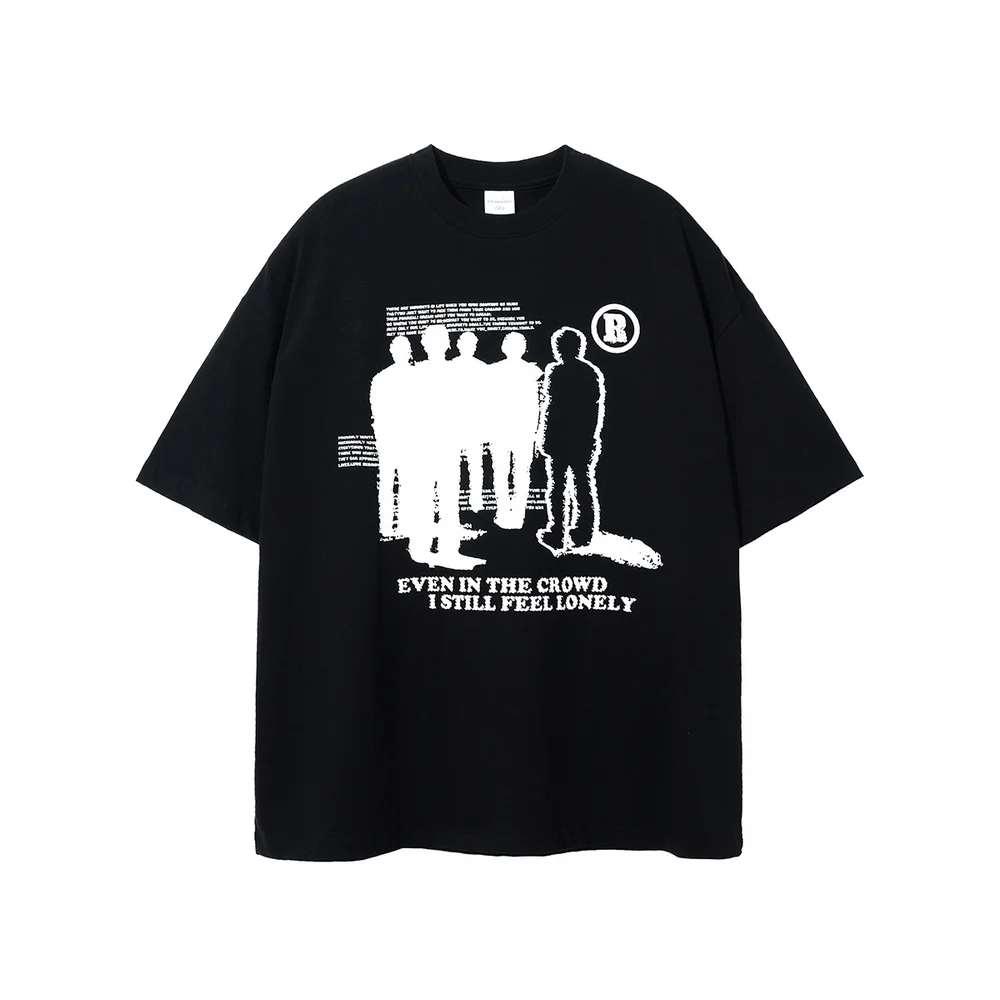 

High Street Print Black O-Neck T-Shirts Men Casual 2023 Summer Oversized Loose Cotton Tops Tees Streetwear Hip Hop
