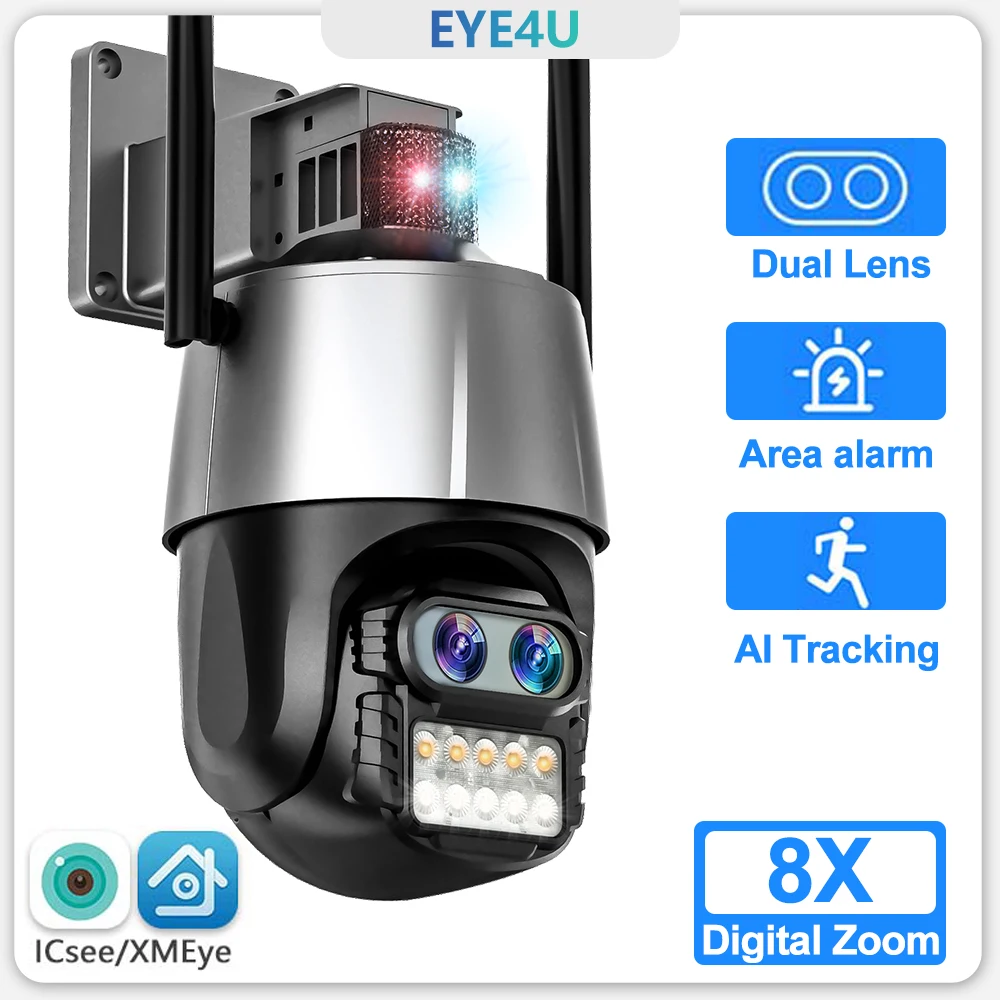 

4K 8MP Dual Lens Security Camera Outdoor WiFi PTZ 4MP HD 8x Optical zoom CCTV Binocular IP Camera AI Tracking P2P ICsee Alexa