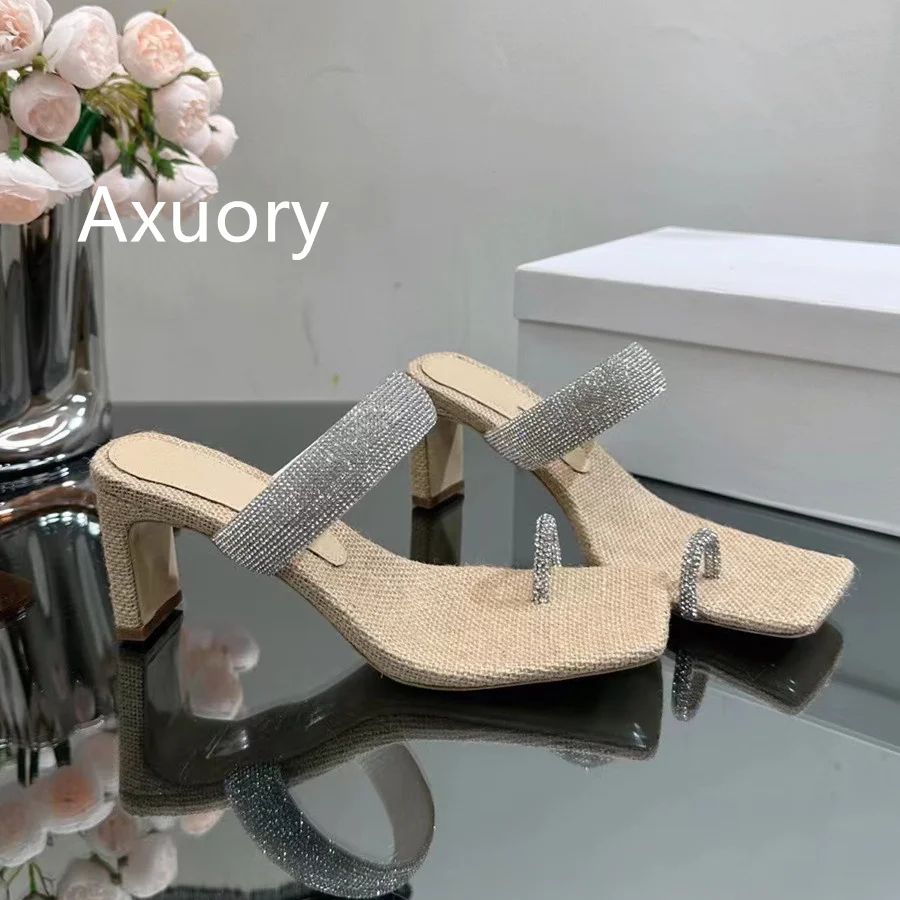 2023 New Women Sandals Genuine Leather Thick Heel Sexy Water Diamond Hollow Strap Square Toe High Heels