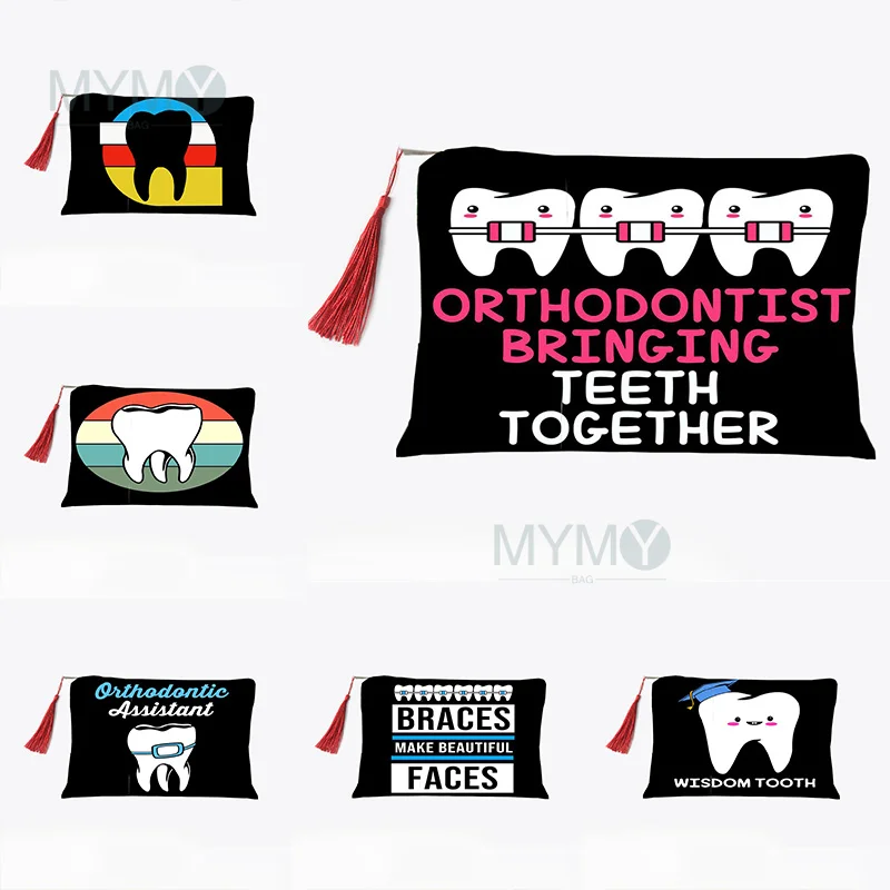 

Fashion Makeup Bag Woman Canvas Nurse Storage Bag Cartoon Teeth Pattern Printed Belt Zipper Cosmetic Coin Purse Pencil Case