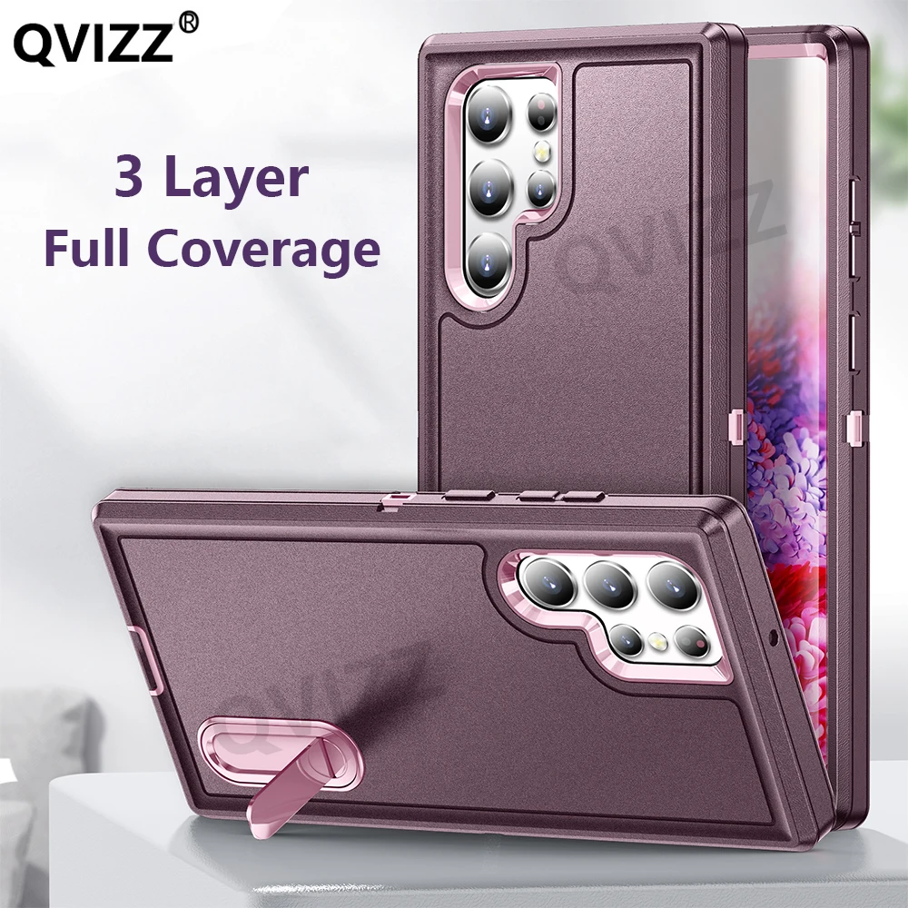 

3 Layer Bumpers Case for Samsung Galaxy S22 Ultra Plus Luxury Military Armor Shockproof Frame Invisible Bracket Holder Cover