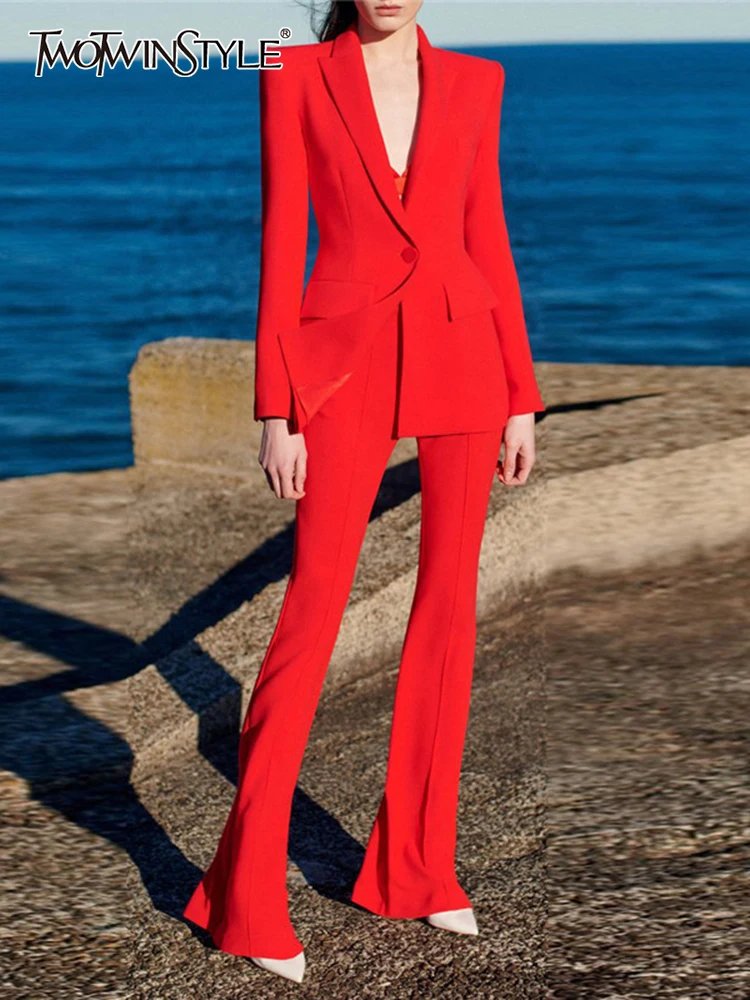

TWOTWINSTYLE Spring Fashion Pants Set For Women Notched Collar Long Sleeve Top High Waist Flare Pant Solid Sets Female 2022 New