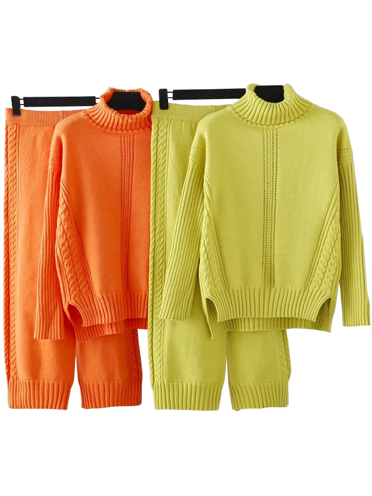 

Two Piece High-Neck Pullover Thickened Knitted Sweater Casual Suit Female Autumn Winter Loose Tracksuit Wide-Legged -Pants Suit