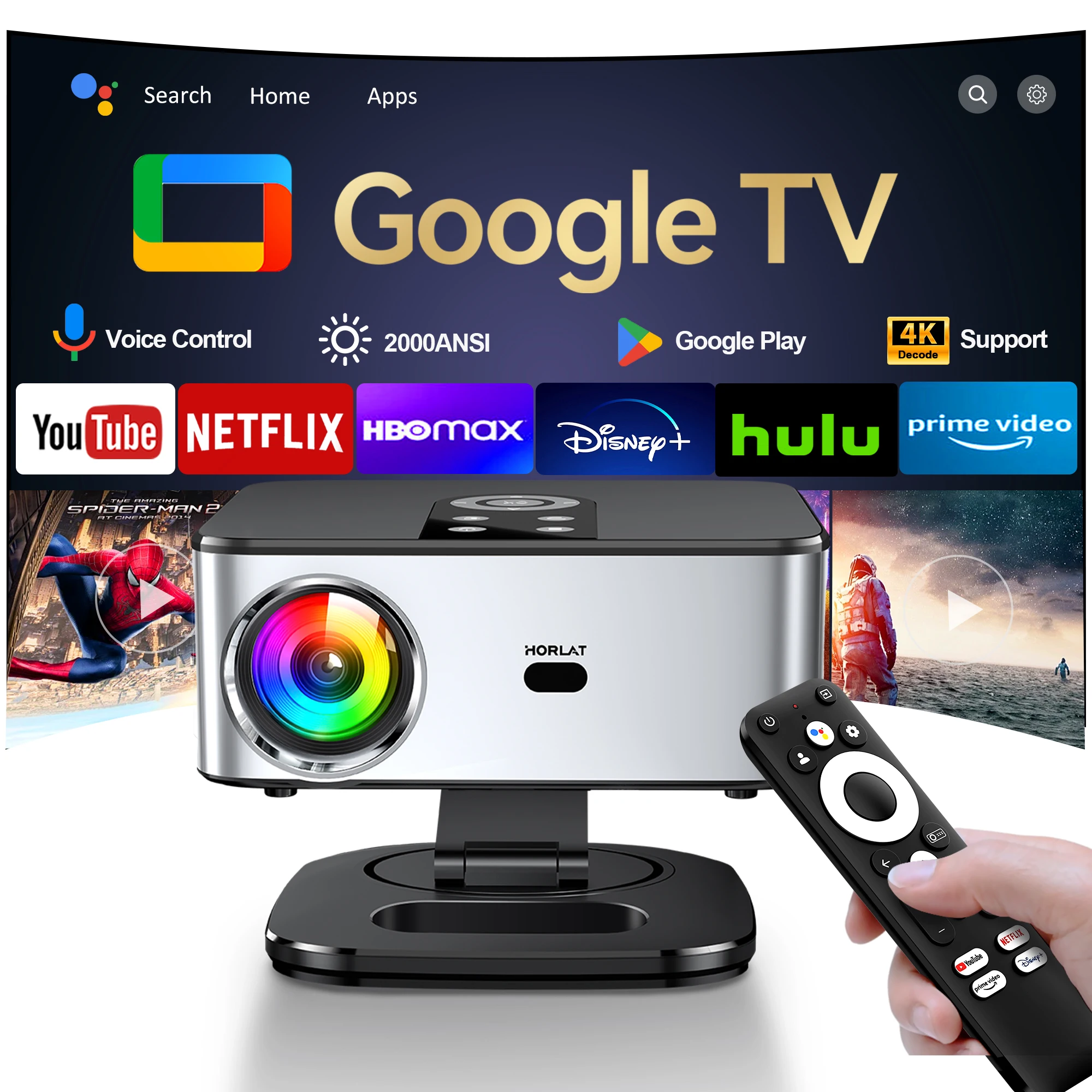 Фото Horlat Google TV-проектор 2000ANSI Голосовое управление Автофокус Android WiFi 6 4K UHD Домашний кинотеатр Кинопроектор Netflix Лицензированный №1