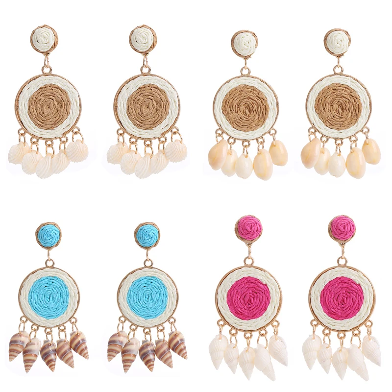 

Богемные серьги из рафии для женщин, летние плетеные пляжные висячие серьги ручной работы в стиле бохо