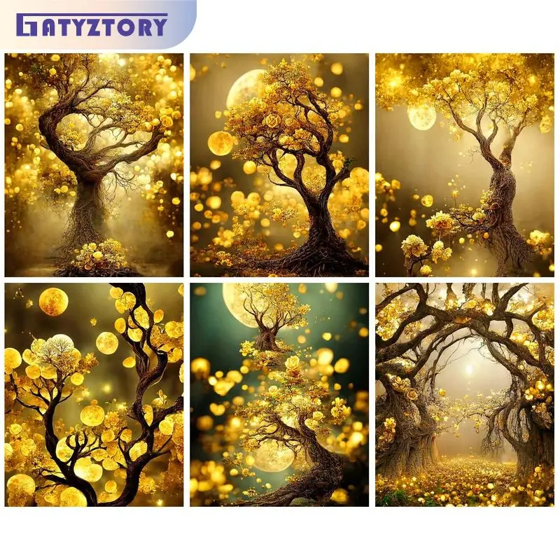 

GATYZTORY Acrylic Painting By Numbers On Canvas Paint Kit Golden Glowing Trees Picture Coloring Handpainted Wall Decoration