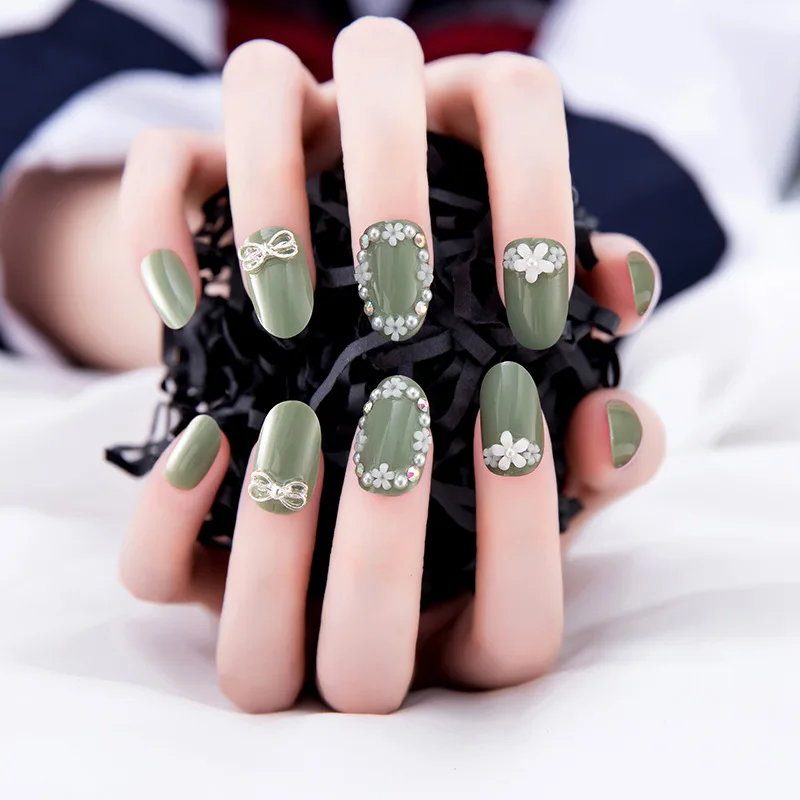 

2021 24 шт Зеленые накладки для ногтей сладкий стиль Клей Тип съемный средней длины абзац Маникюр экономит время накладные накладки для ногтей