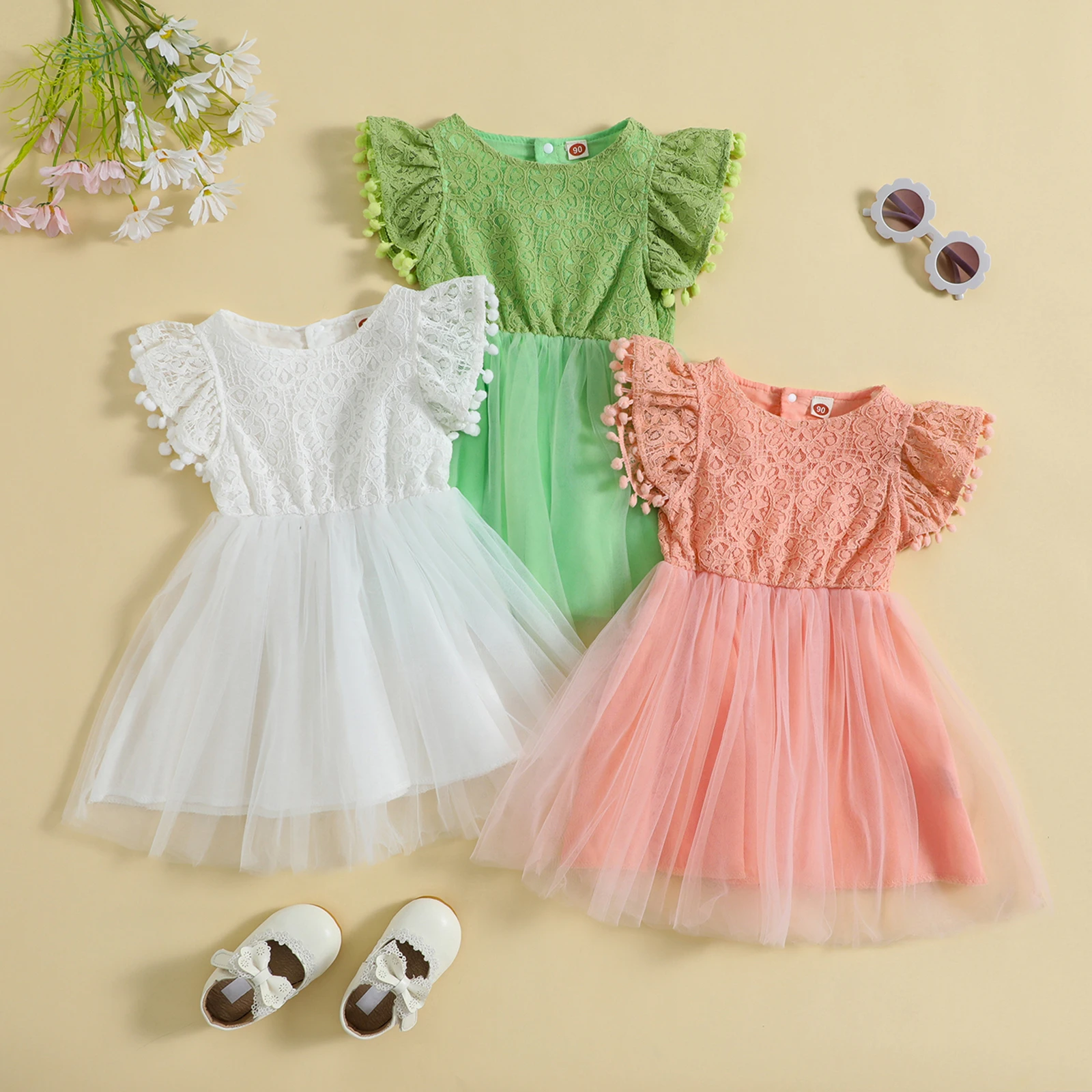 

Летние Детские платья для маленьких девочек с коротким рукавом и круглым вырезом, цветочное кружевное Тюлевое платье принцессы на подкладке, платье с высокой талией