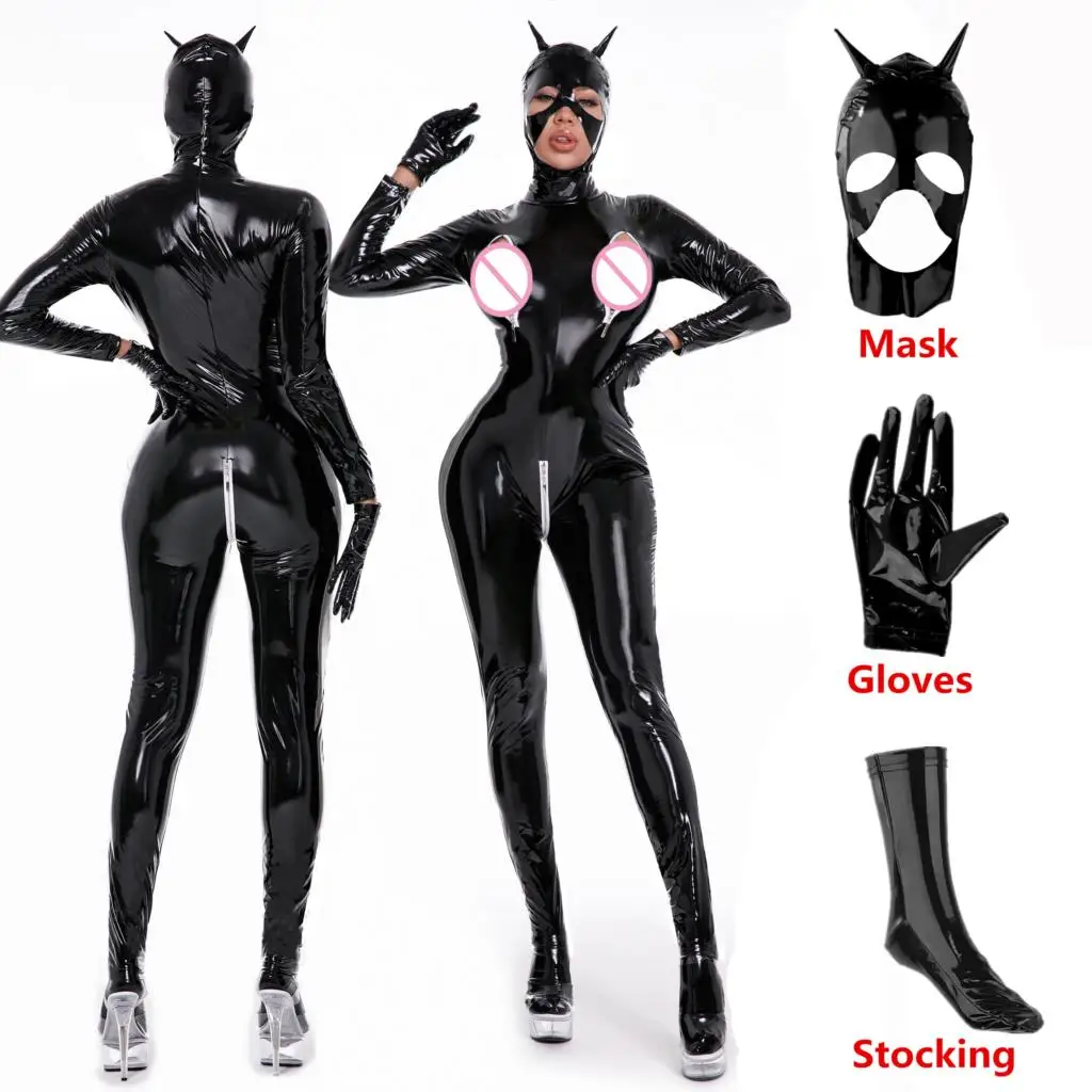 

Sexy Zipper Open Crotch Jumpsuits Wetlook PU Leather Catsuit Women Erotic Breast Exposing Crotchless Latex Lingerie Bodysuit