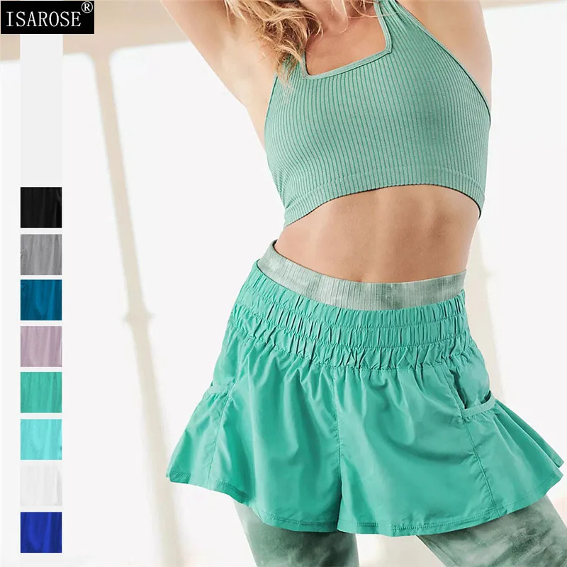 

ISAROSE Summer Sports Shorts for Women Wide Elastic Waist Belt Solid Color Nylon Casual Flare Short Pants Home Yoga Gym Shorts
