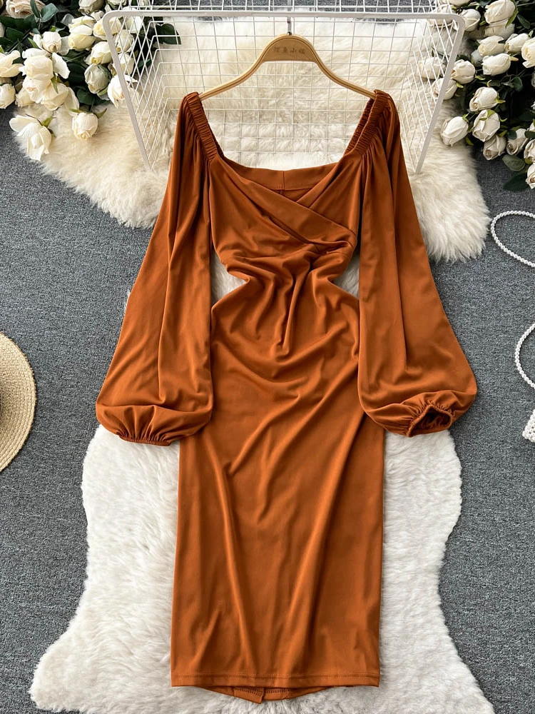 

Aibeautyer New Vintage Spring Autumn Solid Slim Full Lady Dress A Line Puff Sleeve Chiffon Pullover Mid-Calf Women Dresses