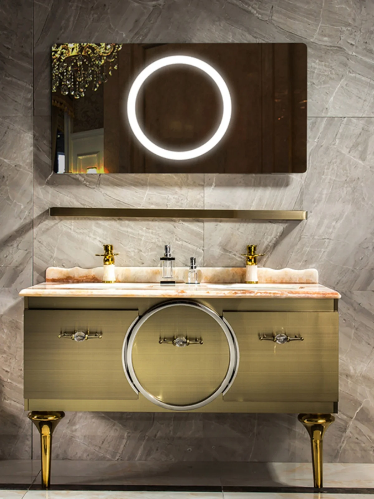 

Light luxury stainless steel bathroom cabinet combination custom bathroom wash basin wabi-Sabi gold double basin marble storage