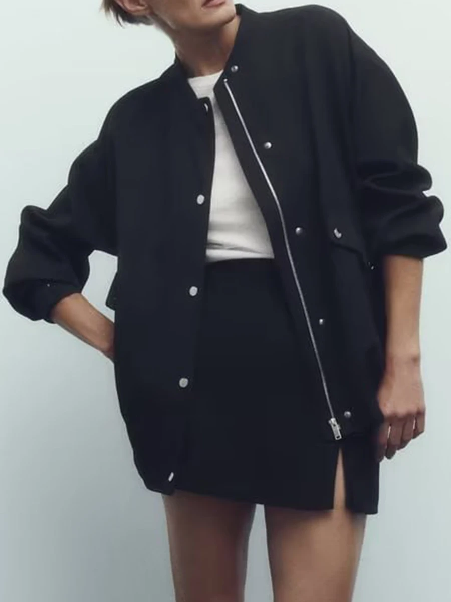 

O-neck Long Sleeves Pockets Bomber Jacket Elastic Hem Hidden Zip Metal Snap Button Closure Tops Streetwear Soild Female New Coat