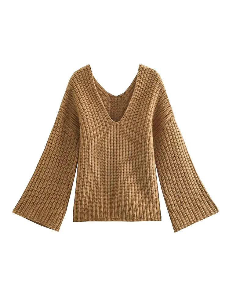 

2022 fall new women's retro solid color front and back V-neck flying sleeve decorated with a hundred knitted sweater
