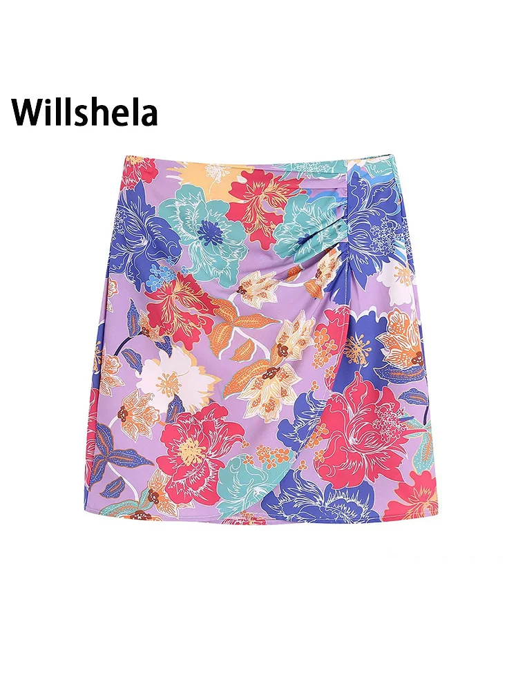 

Willshela Women Fashion Printed Back Zipper Mini Skirts Vintage High Waist Female Chic Lady Skirts