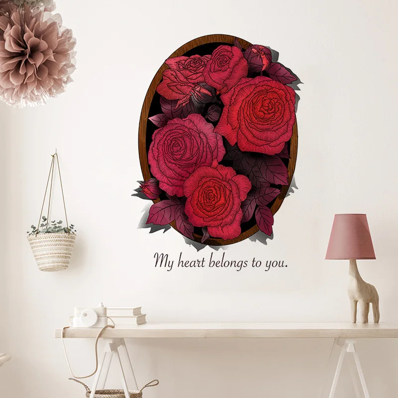 

Red Rose Flower Pvc Waterproof Wall Sticker for Milk Tea Shop Room Room Dormitory Decoration Decals