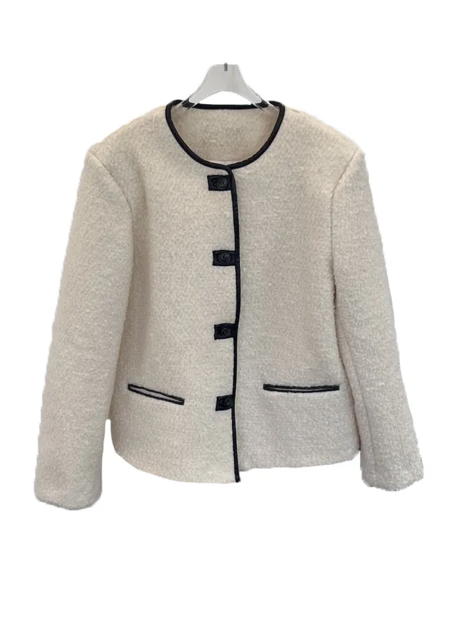 

Lambswool jacket round neck loose fit single-breasted design warm and cozy 2023 winter new 1127