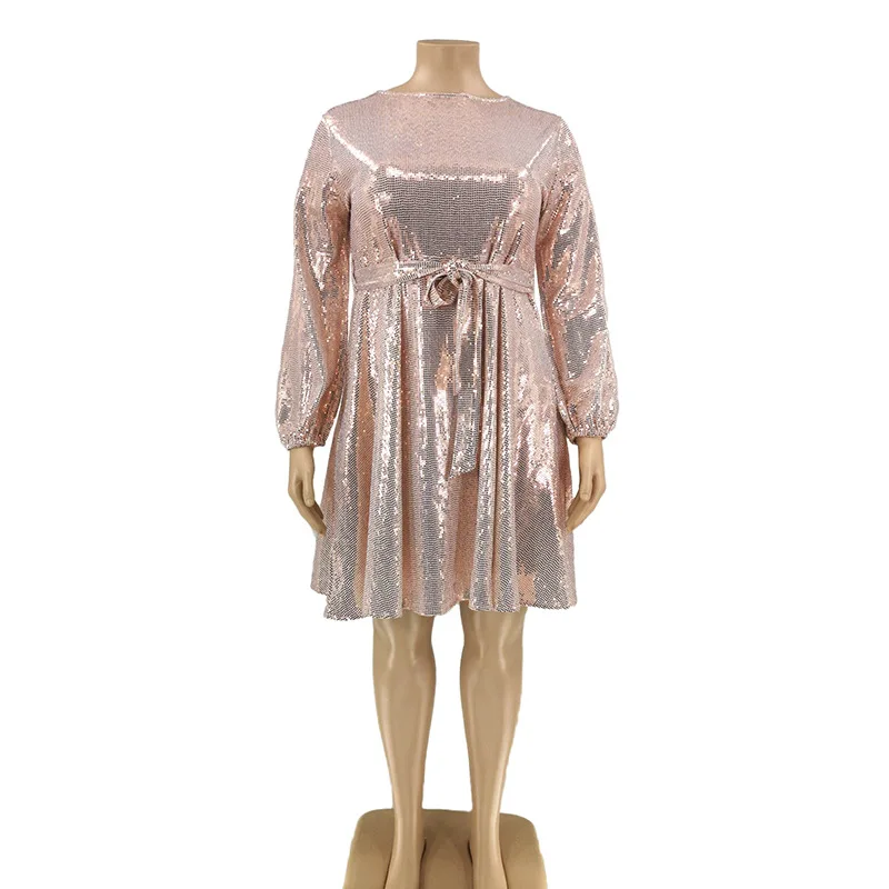 Plus Size Dress Evening Party Dresses for Women O-Neck Long Sleeve Dresses for Women  Slim Fit  Above Knee Mini Sequin Ball Gown