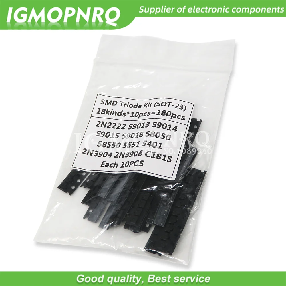 

Transistor Assorted Kit (SOT-23) 18kinds*10pcs=180pcs 2N2222 S9013 S9014 S9015 S9018 S8050 S8550 5551 5401 2N3904 2N3906 C1815