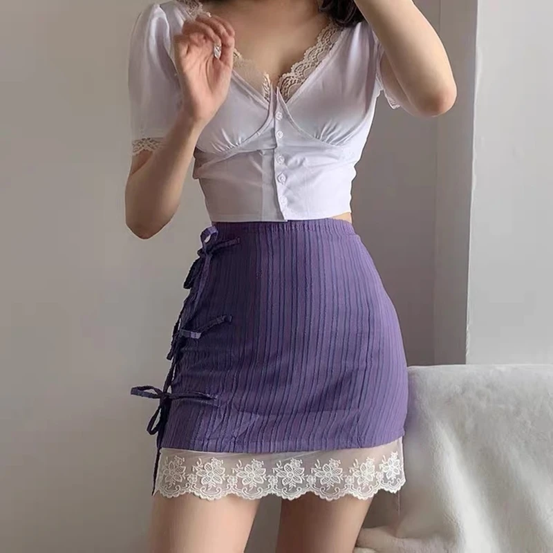 

Retro High Waist Strappy Skirt Summer Y2k Feminine Lace Stitching Bag Hip Mini Skirt Purple e girl Casual Skirt faldas harajuku