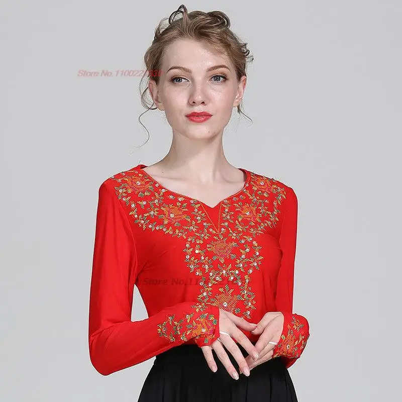 

2023 traditional chinese vintage shirt national flower embroidery mesh sequin shirt oriental tang suit chinese folk dance shirt