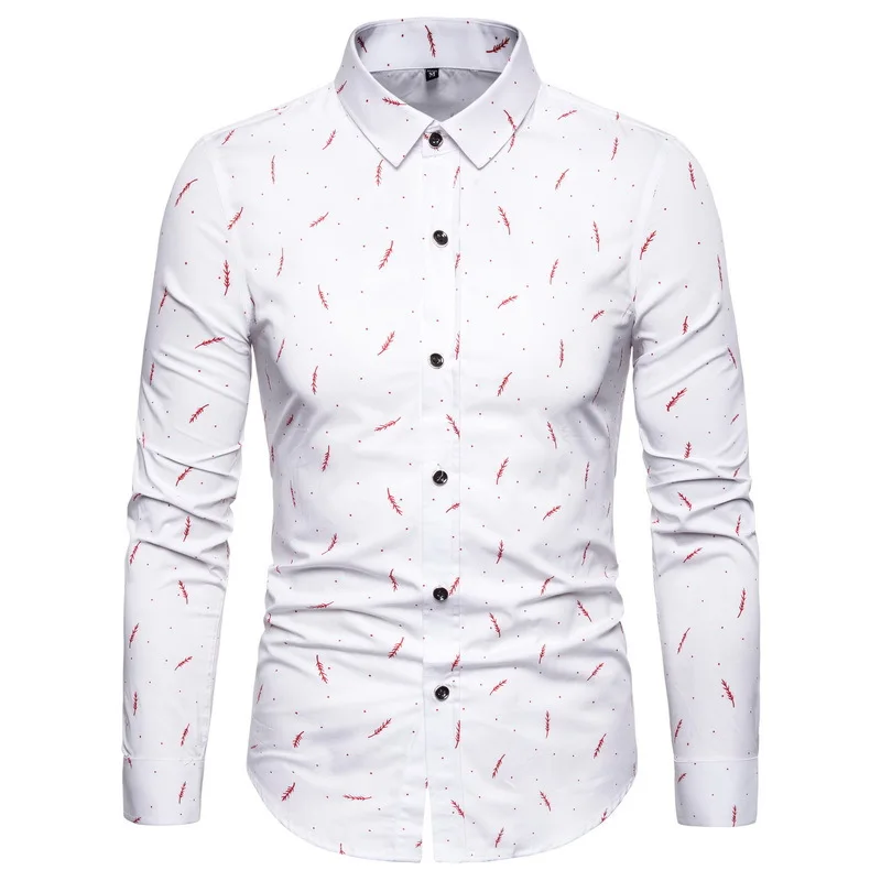 

2022 Spring New Men's Feather Print Business Slim-Fit Long-Sleeved Shirt Men's Turn-down Collar Casual Cotton Cardigan