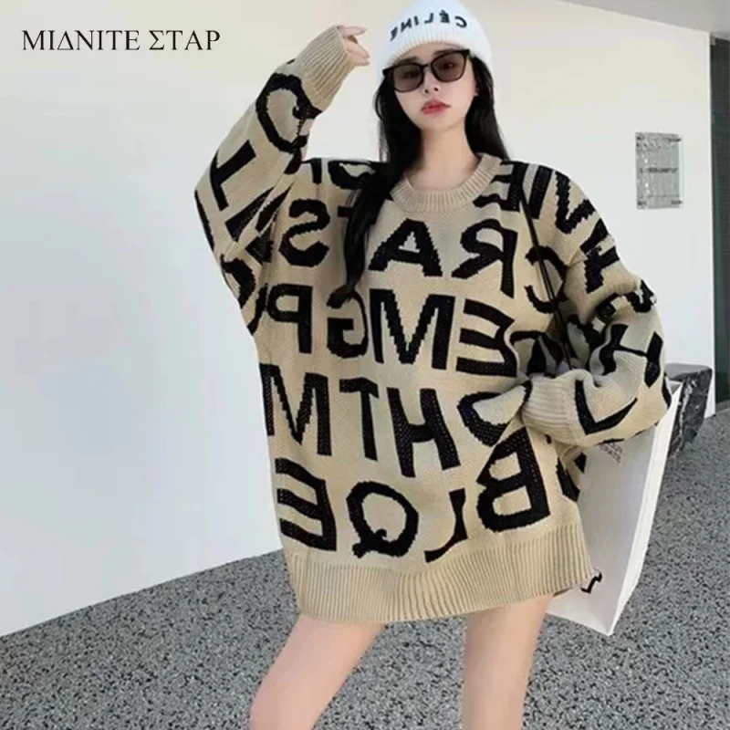 

Повседневный пуловер цвета хаки с винтажным принтом букв женский свитер осень-зима элегантный Свободный Длинный свитер с круглым вырезом