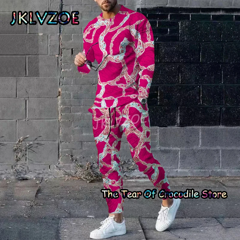 Multicolour Print Men Tracksuit Summer 2 Piece Set Long Sleeved T-Shirt Trousers Jogging Suit Male Color Sportswear Clothing