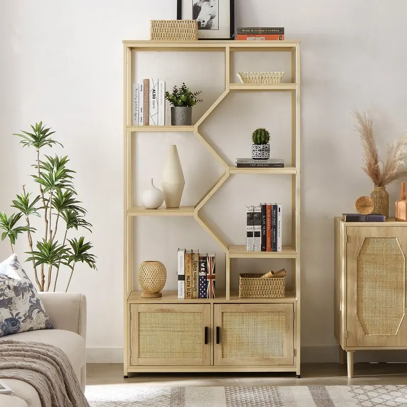 

tiers Rattan Bookshelf, Display Bookcases, Book with cabinet for Living Room Home Office, Natural