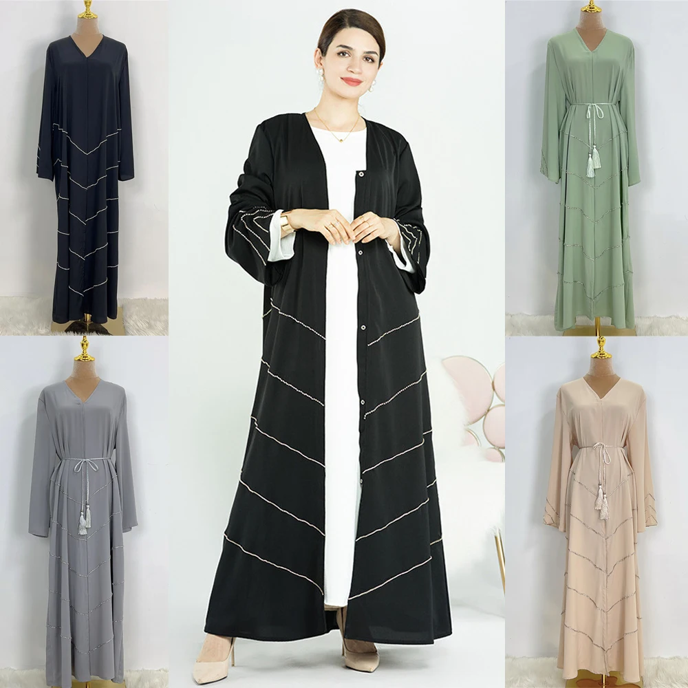 

Ramadan Muslim Kimono Abaya Dubai Summer Party Elegant Hijab Dress Beaded Open Abayas for Women Turkey Dresses Islam Kaftan Robe
