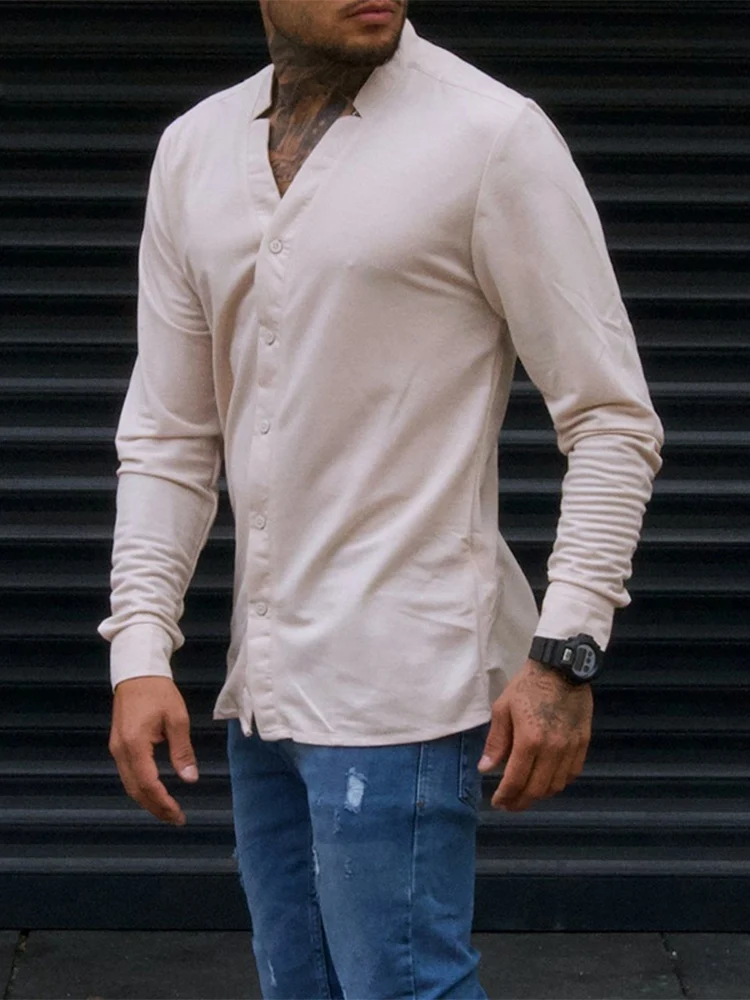 

Vintage Solid Color Button Down Cardigan Tops Men Autumn Casual Long Sleeve V Neck Shirts Mens Clothing Fashion Male Streetwear