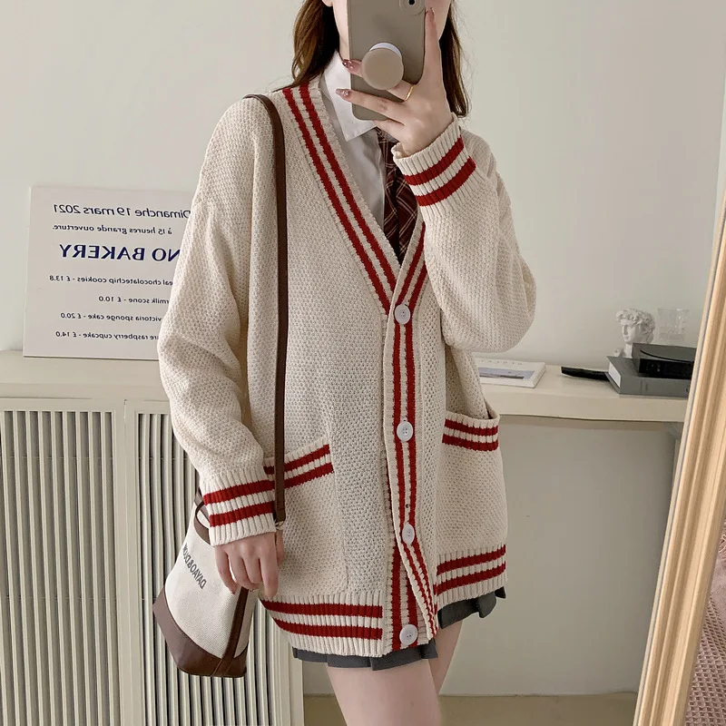 

Women Casual Knitted Sweater Cardigan Coat Autumn Winter New Knitted Cardigan V-Neck Button Long Sleeve Loose Coat Knitwear Top