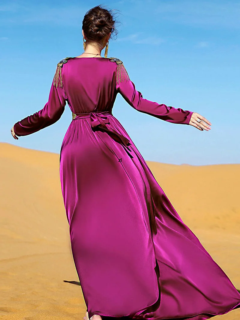 Women Gown Long Dress Moroccan Party Caftan Rhinestones Satin Evening Abaya Belted Muslim Dubai Islam Turkey Ramadan Eid Kaftan
