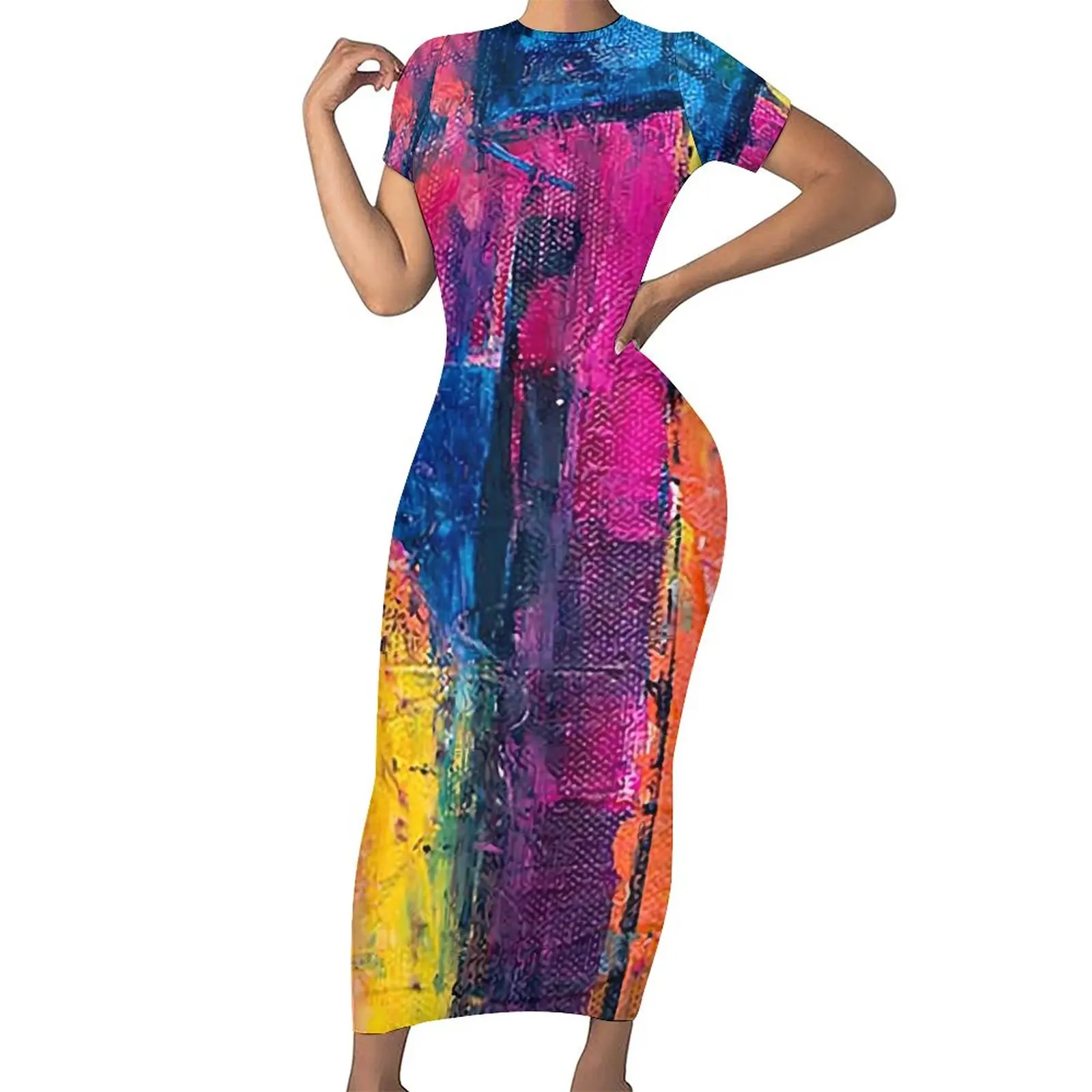 

Paint Colorblock Bodycon Dress Ladies Colorful Abstract Night Club Maxi Dresses Holiday Short Sleeve Street Style Big Size Dress