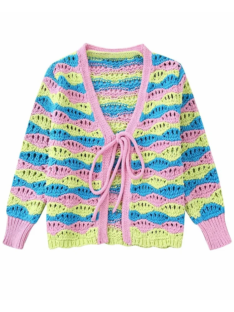 

Hollow Out Stripe Knitted Cardigans Female Spring V Neck Short Sweater Coat 2023 New Knitwear Open Stitch Tops Female