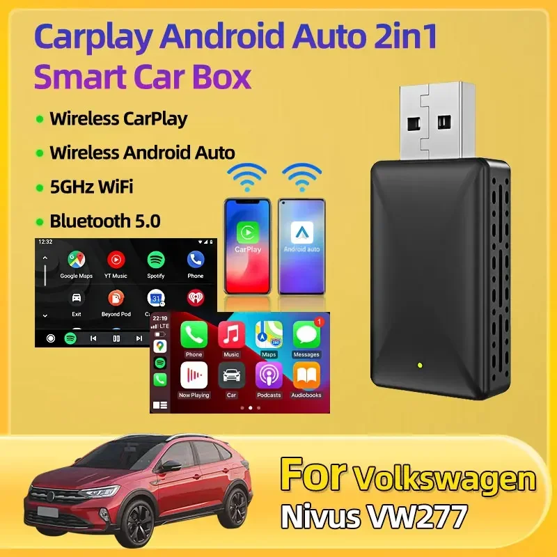 Фото Для Volkswagen Nivus VW277 Новый автомобильный аксессуар Plug and Play WiFi Fast Connect Smart Dongle 2in1 Беспроводной адаптер Carplay Android №1