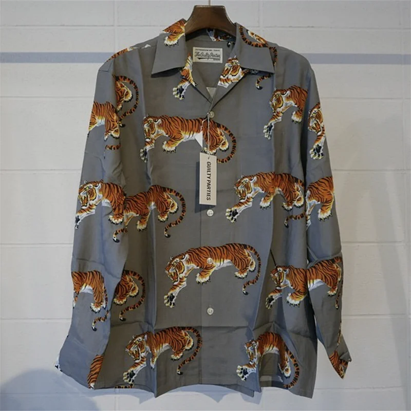 WACKO MARIA Long Sleeve Shirt Men Women 1:1 Oversized Tiger Print Wacko Maria Hawaiian Shirt