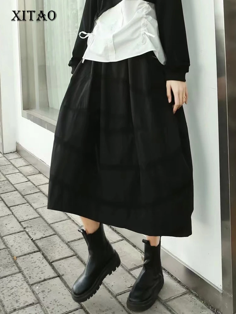 

XITAO Casual Loose Skirt Fashion Black Irregular Striped Splicing New Temperament All-match Vintage O-shaped Skirt WMD5804
