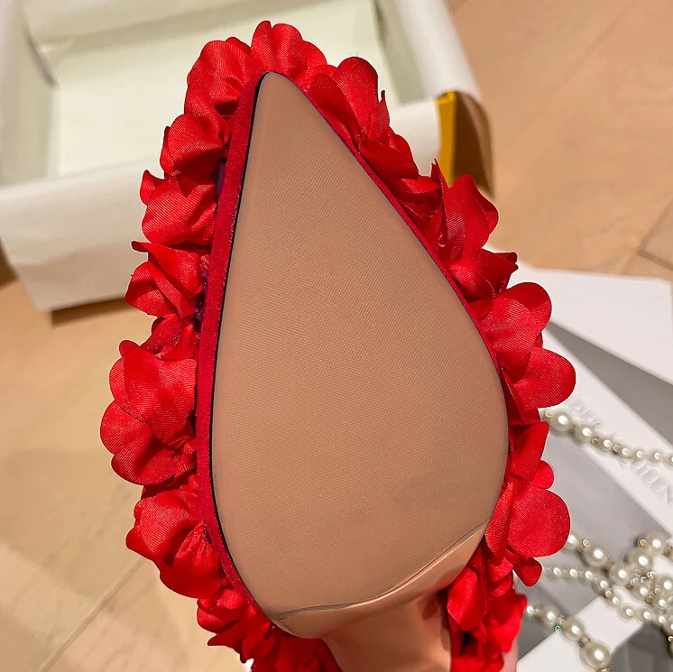 European and American Flower Red and Black New High Heeled Leather Slim Heeled Women's Boots with Zipper and Ankle Short Boots