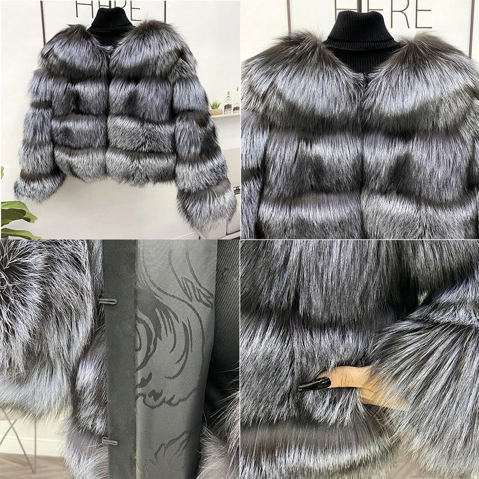Real Fur Raccoon Winter Warm Coat Women Natural Real Silver Fox Fur Jacket Female Fashion Round Neck Thicken Plus Size Outerwear