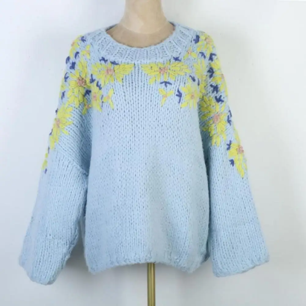Желтый цветок вышитый вязаный свободный шерстяной пуловер женский с круглым