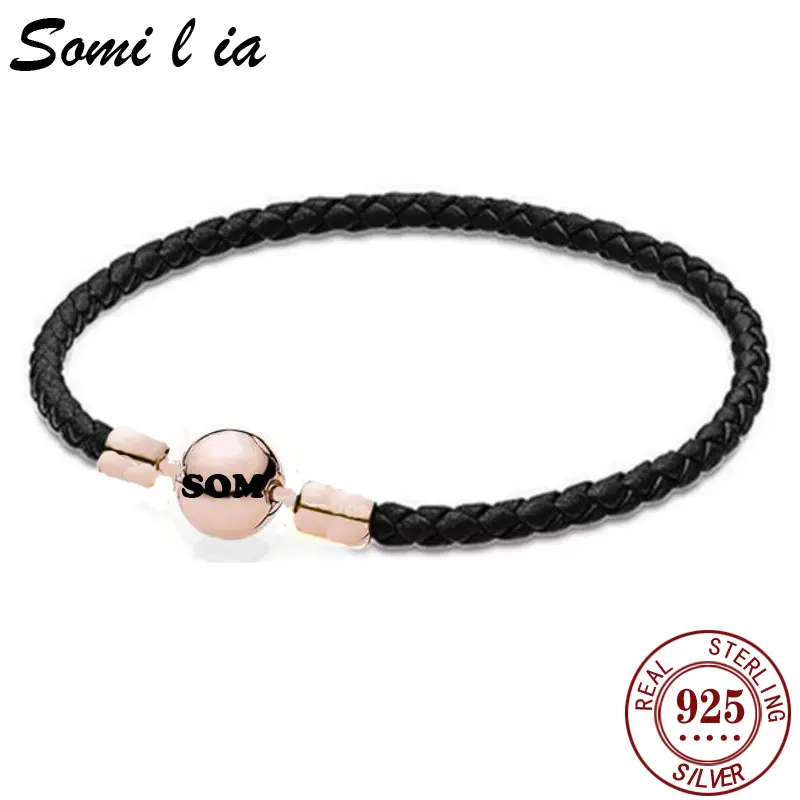 Somilia-розовое золото классический черный браслет из натуральной воловьей кожи для