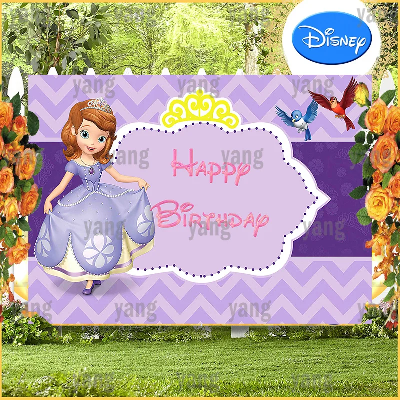 Customized Sofia Cute Bird Purple Grid Backdrop Princess Girl Happy Birthday Party Decoration Baby Shower Photography Background