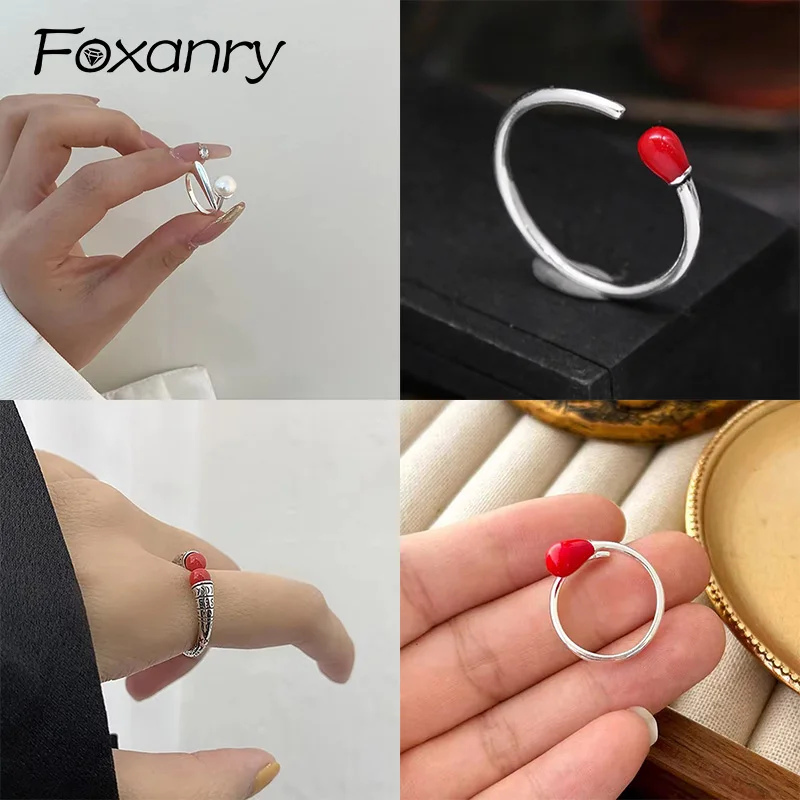 Фото Foxanry серебряное открытое кольцо ручной работы для женщин, пара, минималистичный креативный дизайн, классический уникальный модный ювелирный подарок на день рождения №1