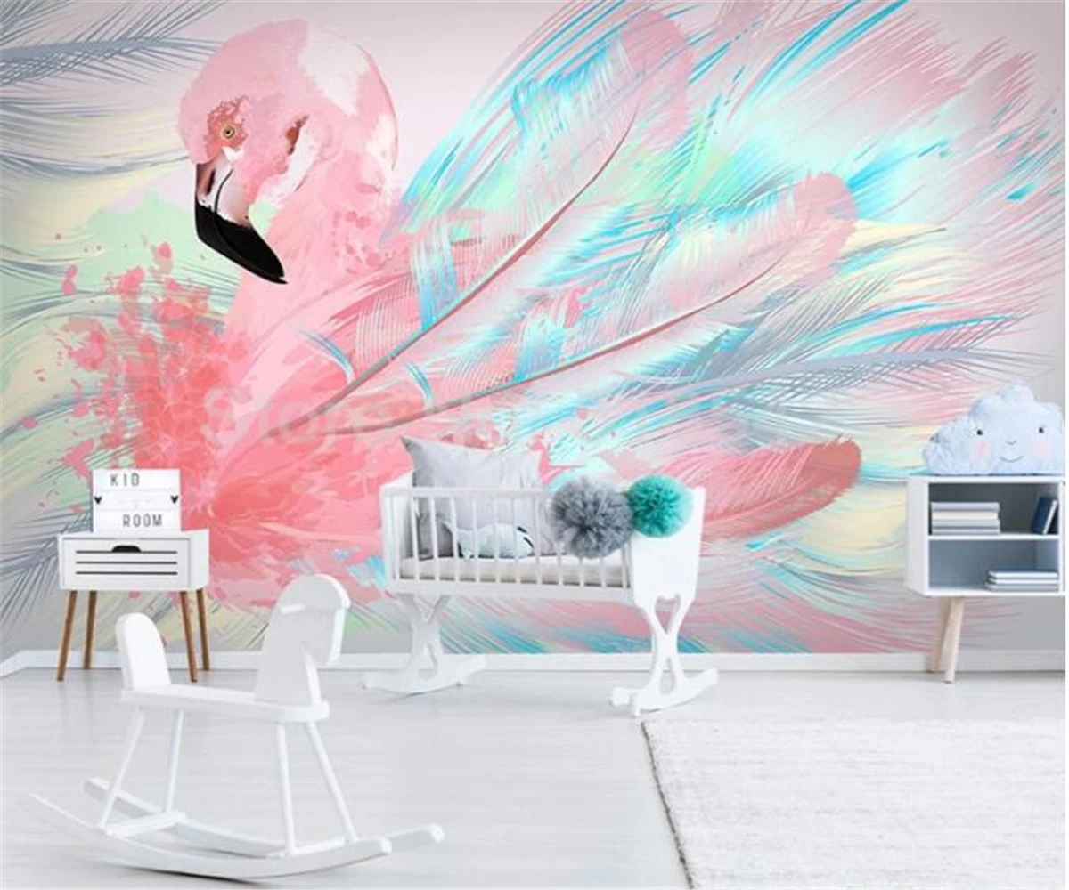 Custom silk material 3d wallpaper modern minimalist pink flamingo feather wallpaper Nordic background wall 3d wallpaper