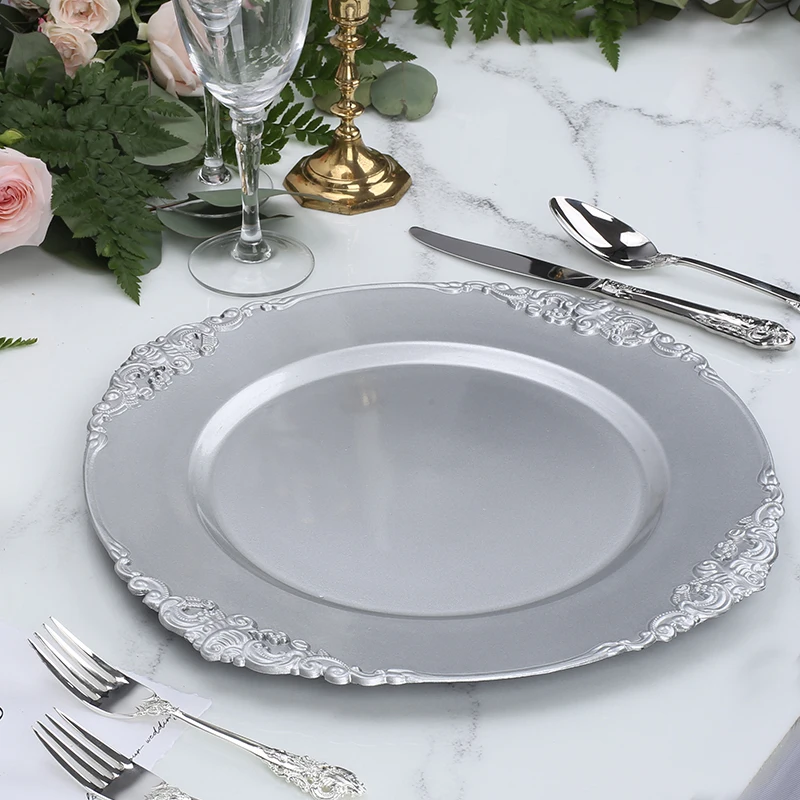

Wholesale 6PCS Silver Plastic Charger Plates For Party Retro Luxury Wedding Dinner Table Setting Design Cheap Hot Selling