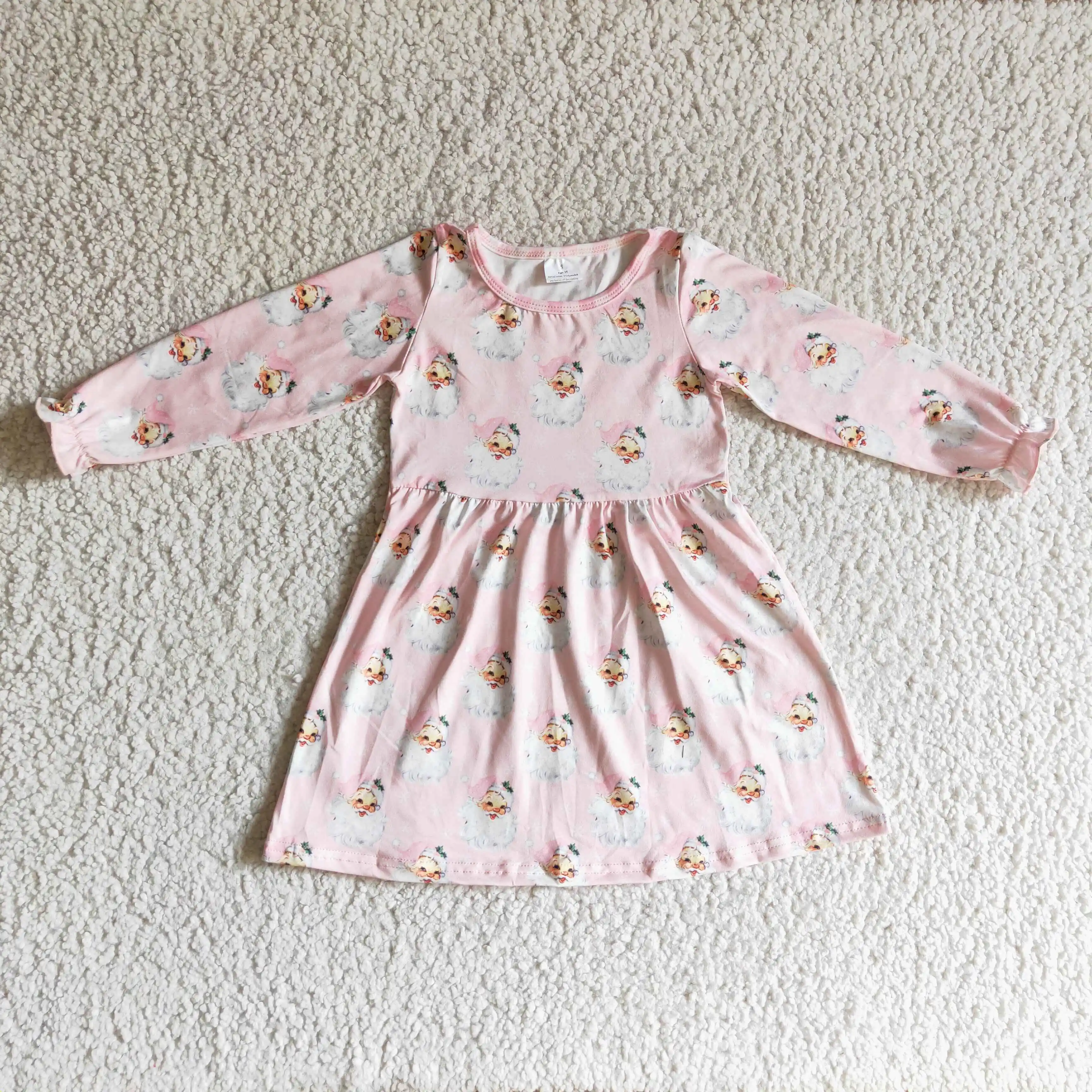 

GLD0123 girl long sleeve print frock with santa ready to ship dress