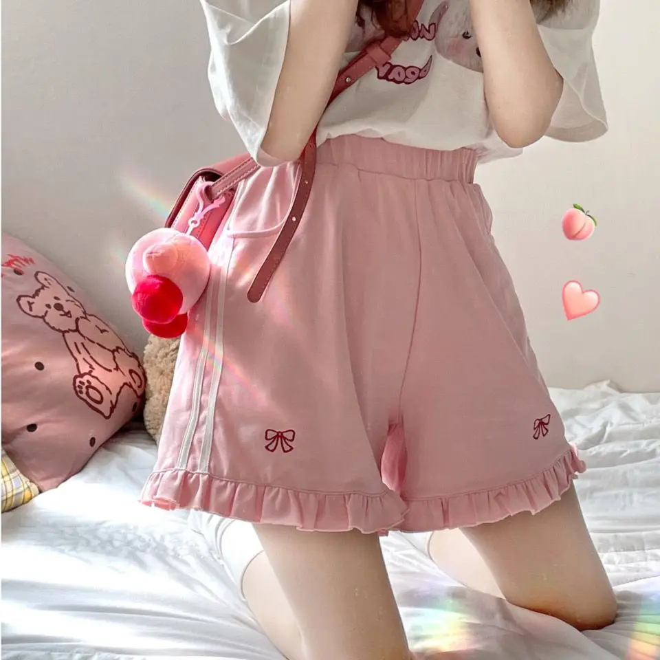 Shorts Kawaii Streetwear Bow Embroidery Elastic High Waist Wide Letg Women Summer Lolita Sweet Cute Ruffle Shorts Femme