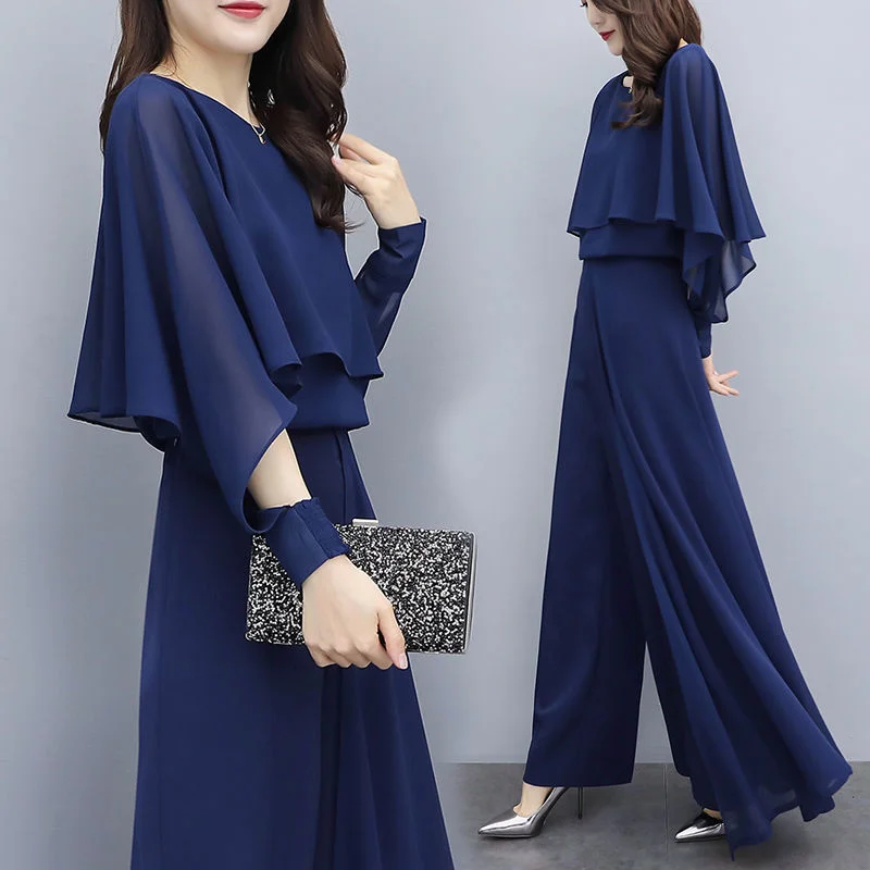 

2023 New Spring Summer Women 2 Piece Sets Pant Suits Chiffon Shirt Wide Leg Pants Trousers Suit Female Casual Set